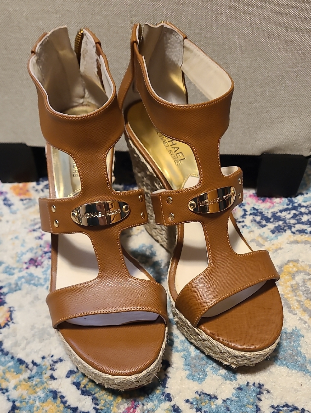 Michael Kors Cognac Leather Espadrille Wedge Sandals with Gold Hardware